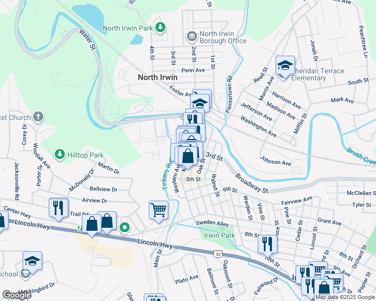 map of restaurants, bars, coffee shops, grocery stores, and more near 126 Western Avenue in Irwin