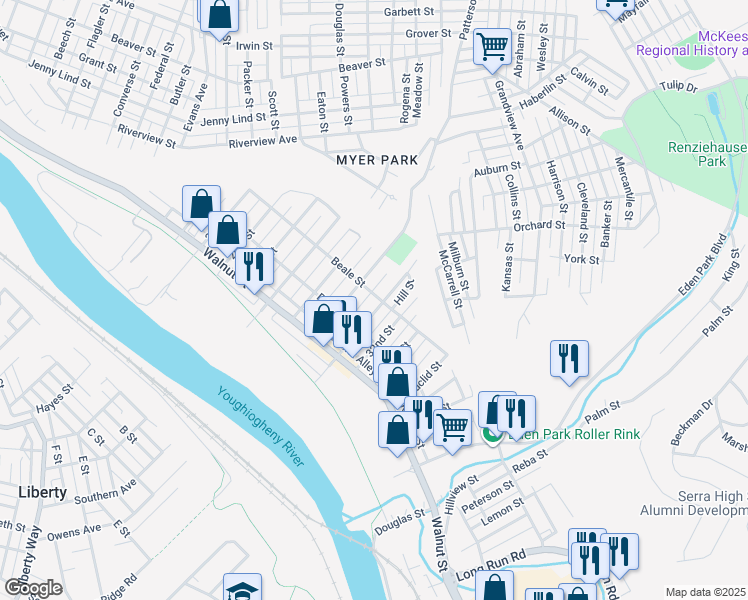 map of restaurants, bars, coffee shops, grocery stores, and more near 442 30th Street in McKeesport