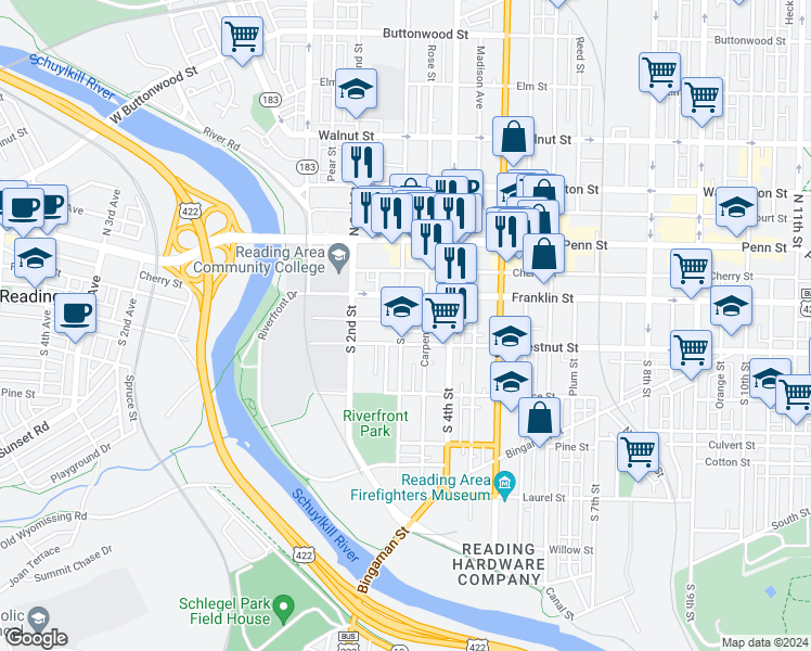 map of restaurants, bars, coffee shops, grocery stores, and more near 131 South 3rd Street in Reading