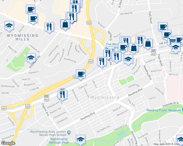 map of restaurants, bars, coffee shops, grocery stores, and more near Berks Place in Wyomissing