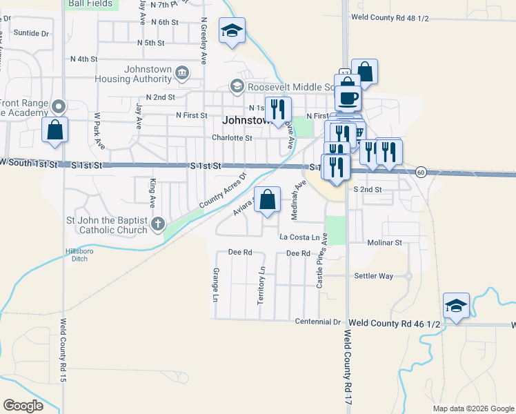 map of restaurants, bars, coffee shops, grocery stores, and more near 502 Pebble Beach Avenue in Johnstown