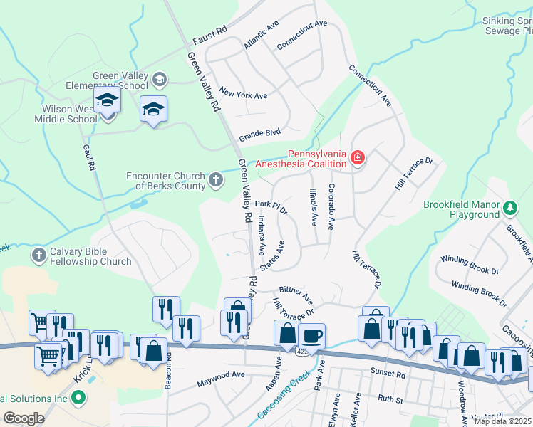 map of restaurants, bars, coffee shops, grocery stores, and more near 21 Indiana Avenue in Sinking Spring