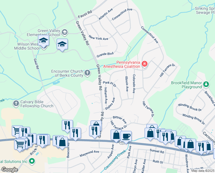 map of restaurants, bars, coffee shops, grocery stores, and more near 21 Indiana Avenue in Sinking Spring