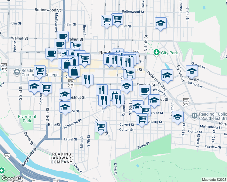 map of restaurants, bars, coffee shops, grocery stores, and more near 124 South 9th Street in Reading