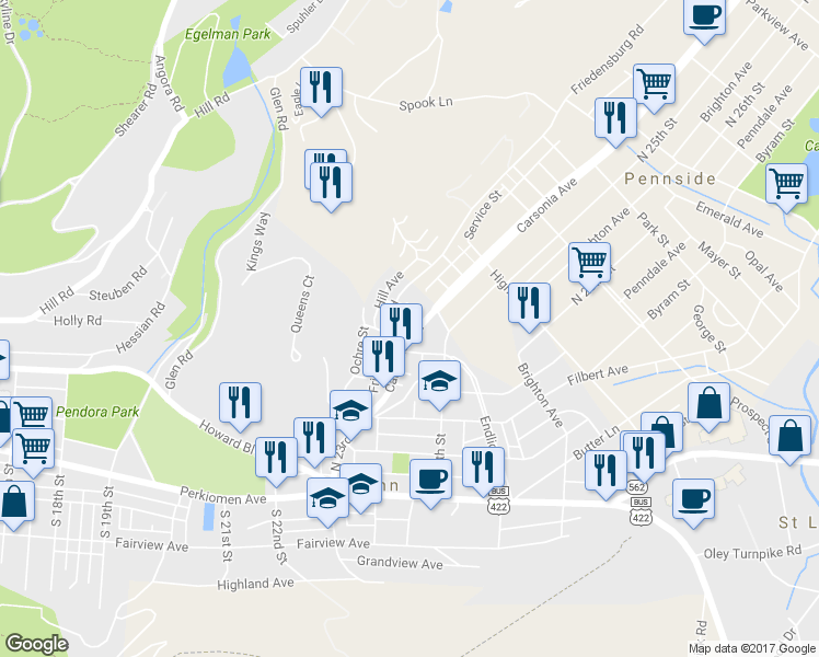 map of restaurants, bars, coffee shops, grocery stores, and more near 324 Carsonia Avenue in Reading