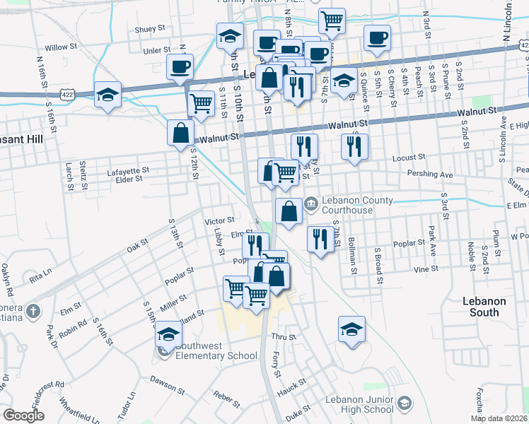 map of restaurants, bars, coffee shops, grocery stores, and more near 352 South Partridge Street in Lebanon