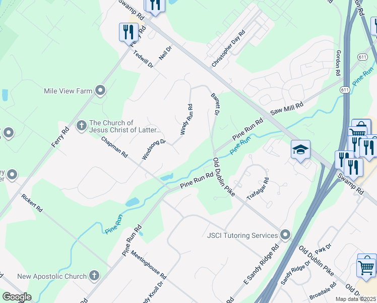 map of restaurants, bars, coffee shops, grocery stores, and more near 117 Windsong Drive in Doylestown