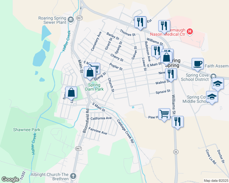 map of restaurants, bars, coffee shops, grocery stores, and more near 506 New St in Roaring Spring