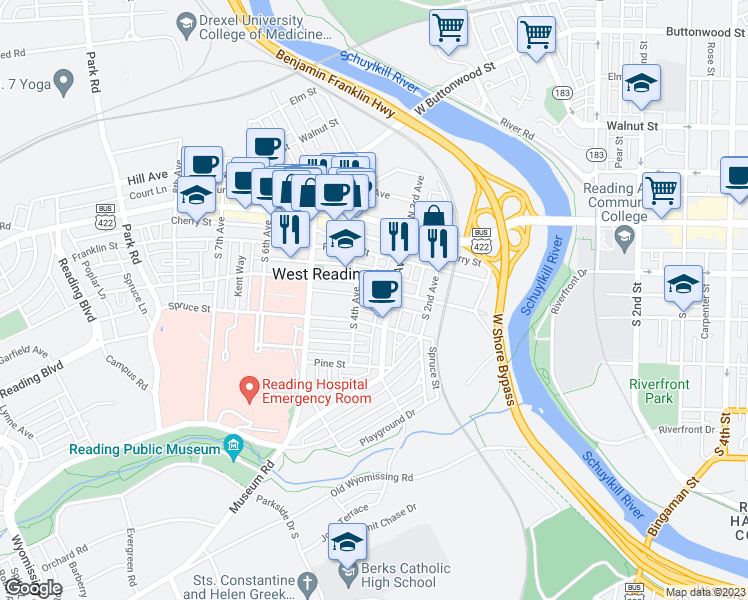 map of restaurants, bars, coffee shops, grocery stores, and more near 317 Kline Street in Reading