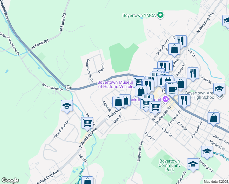 map of restaurants, bars, coffee shops, grocery stores, and more near 40 West 2nd Street in Boyertown