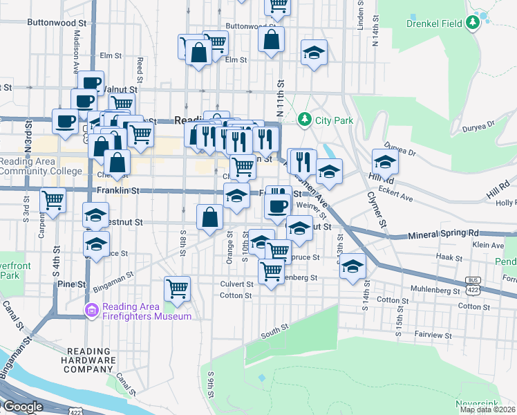 map of restaurants, bars, coffee shops, grocery stores, and more near 101 South 10th Street in Reading