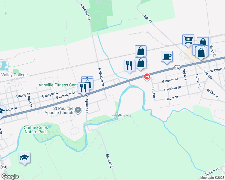 map of restaurants, bars, coffee shops, grocery stores, and more near 1055 East Main Street in Annville