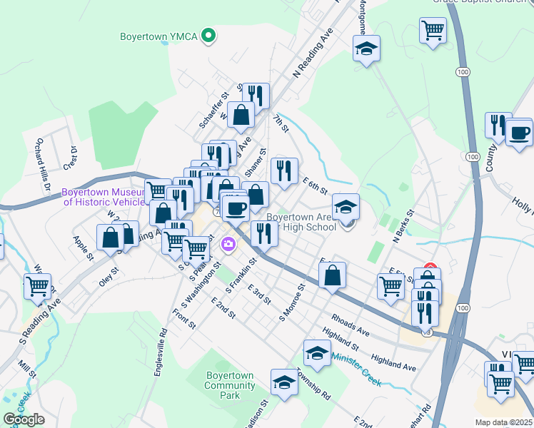 map of restaurants, bars, coffee shops, grocery stores, and more near 114 North Washington Street in Boyertown