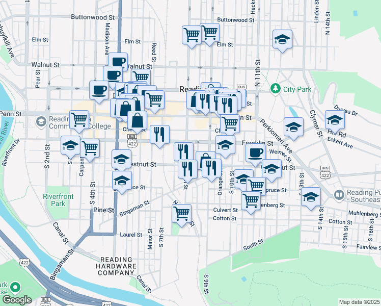map of restaurants, bars, coffee shops, grocery stores, and more near 826 Franklin Street in Reading