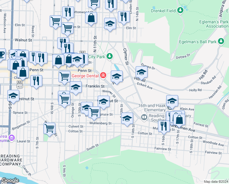 map of restaurants, bars, coffee shops, grocery stores, and more near 1228 Perkiomen Avenue in Reading