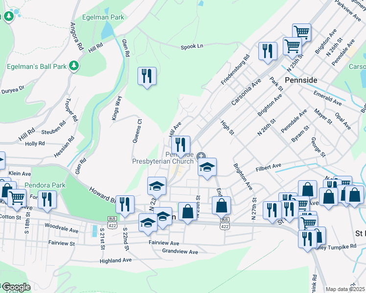 map of restaurants, bars, coffee shops, grocery stores, and more near 324 Carsonia Avenue in Reading