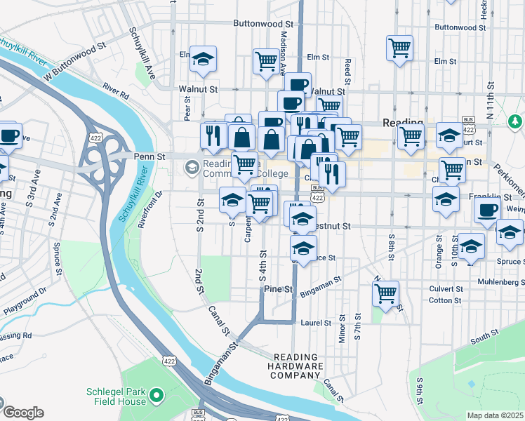 map of restaurants, bars, coffee shops, grocery stores, and more near 132 South 4th Street in Reading