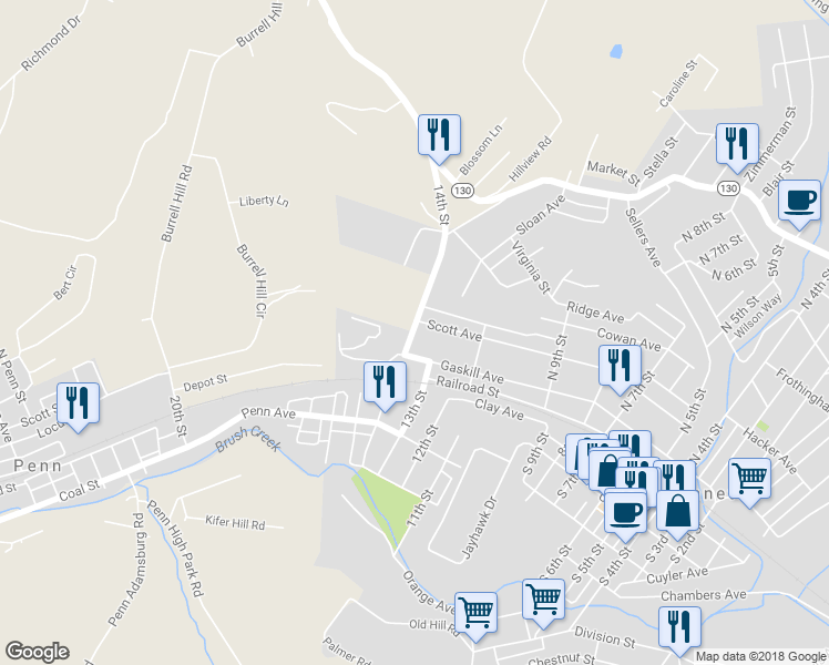 map of restaurants, bars, coffee shops, grocery stores, and more near 110 14th Street in Penn