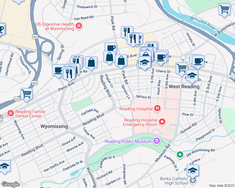 map of restaurants, bars, coffee shops, grocery stores, and more near 950 Wayne Avenue in Wyomissing