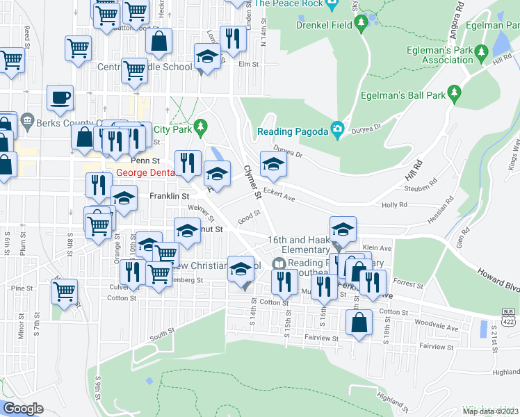 map of restaurants, bars, coffee shops, grocery stores, and more near 158 Clymer Street in Reading