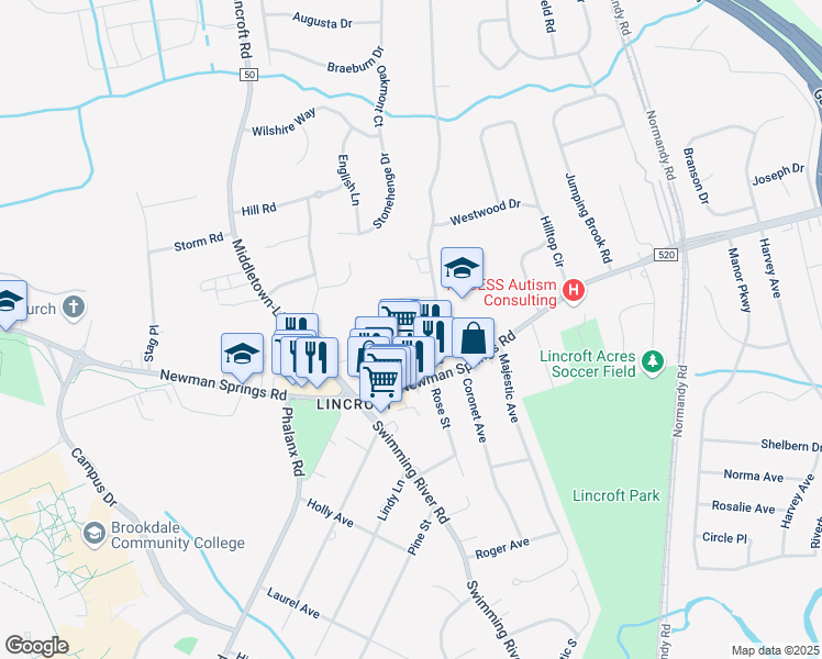 map of restaurants, bars, coffee shops, grocery stores, and more near 117 Samuel Court in Lincroft