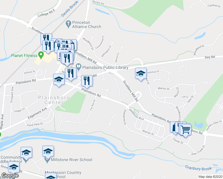 map of restaurants, bars, coffee shops, grocery stores, and more near 641 Plainsboro Road in Plainsboro Township