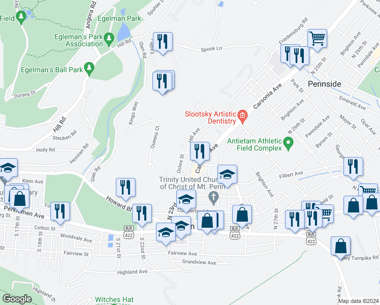 map of restaurants, bars, coffee shops, grocery stores, and more near 316 Friedensburg Road in Mount Penn