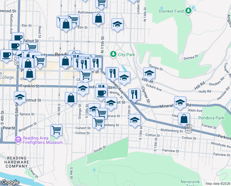 map of restaurants, bars, coffee shops, grocery stores, and more near 1135 Franklin Street in Reading