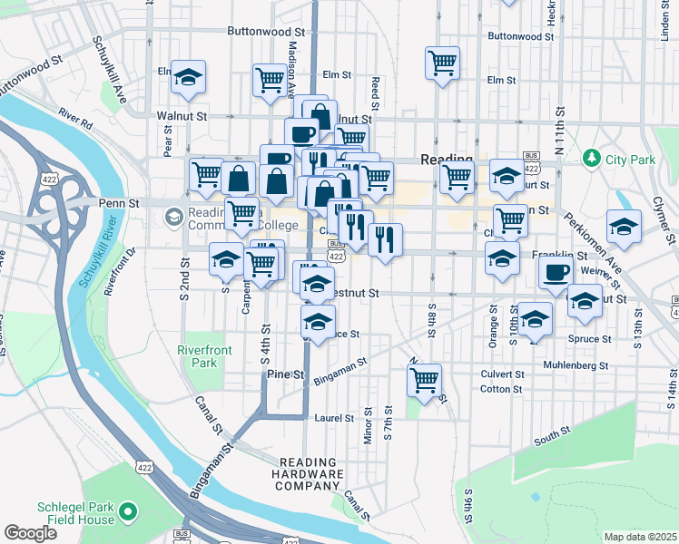 map of restaurants, bars, coffee shops, grocery stores, and more near 522 Franklin Street in Reading