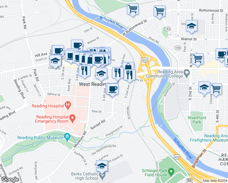 map of restaurants, bars, coffee shops, grocery stores, and more near 121 Obold Street in West Reading