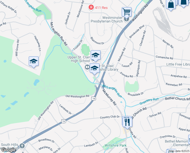 map of restaurants, bars, coffee shops, grocery stores, and more near 1825 McLaughlin Run Road in Pittsburgh