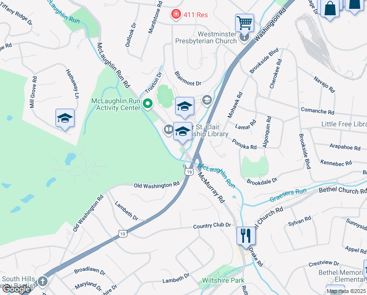 map of restaurants, bars, coffee shops, grocery stores, and more near 1825 McLaughlin Run Road in Pittsburgh
