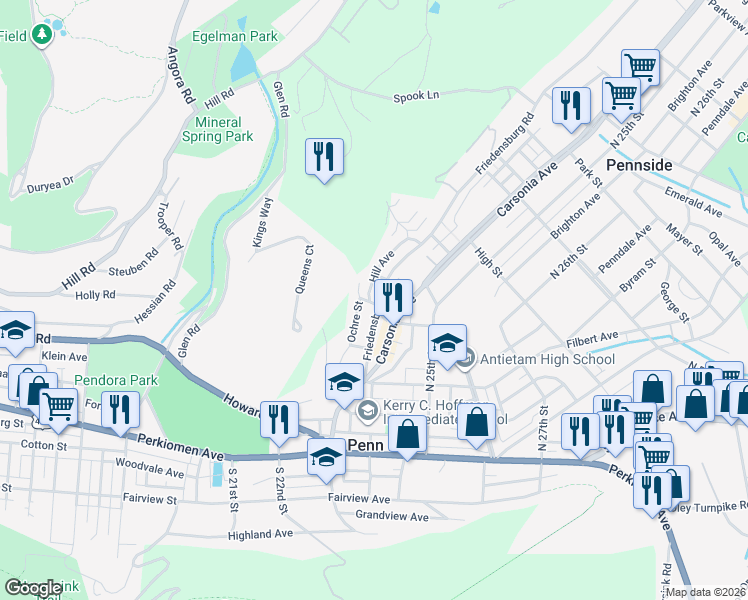 map of restaurants, bars, coffee shops, grocery stores, and more near 316 Friedensburg Road in Mount Penn