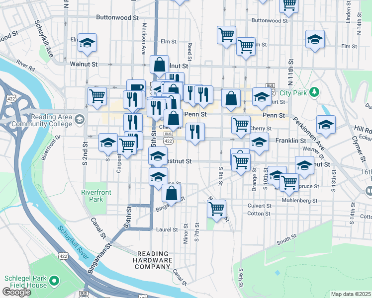 map of restaurants, bars, coffee shops, grocery stores, and more near 124 Plum Street in Reading