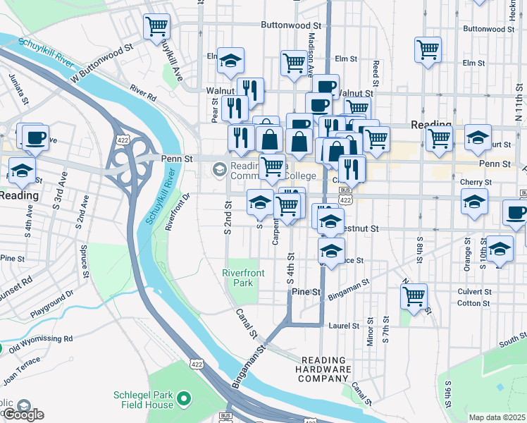 map of restaurants, bars, coffee shops, grocery stores, and more near 127 South 3rd Street in Reading