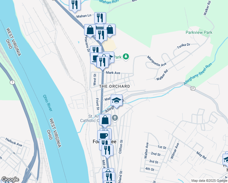 map of restaurants, bars, coffee shops, grocery stores, and more near Raspberry Alley in Follansbee