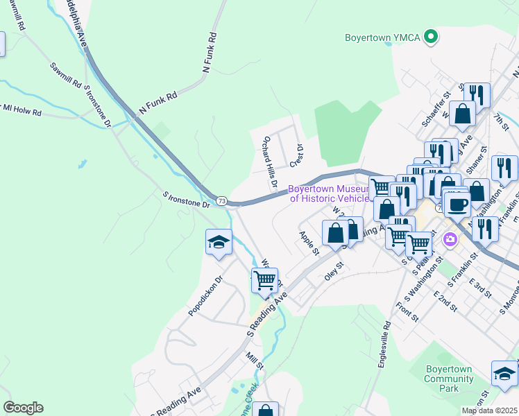 map of restaurants, bars, coffee shops, grocery stores, and more near 428 West Philadelphia Avenue in Boyertown