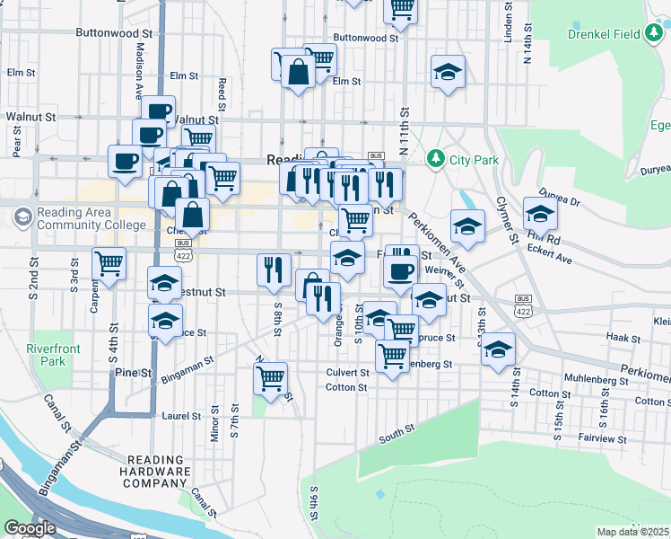 map of restaurants, bars, coffee shops, grocery stores, and more near 120 Orange Street in Reading