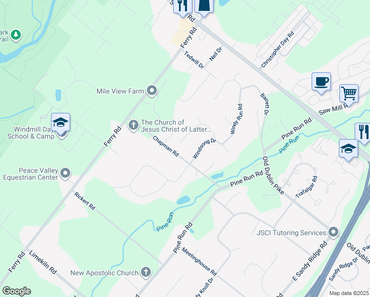 map of restaurants, bars, coffee shops, grocery stores, and more near 219 Southwind Dr in Doylestown