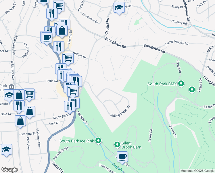map of restaurants, bars, coffee shops, grocery stores, and more near 1054 Grandview Farms Drive in Bethel Park