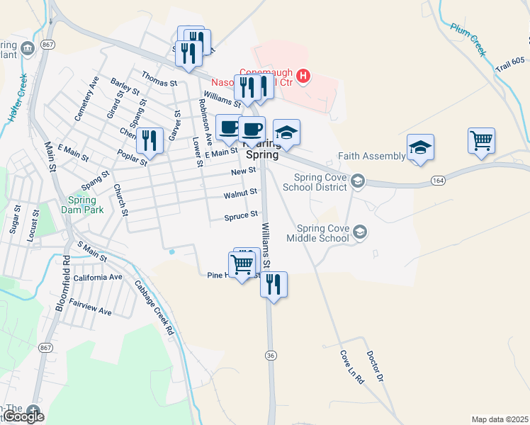 map of restaurants, bars, coffee shops, grocery stores, and more near 400 Williams Street in Roaring Spring