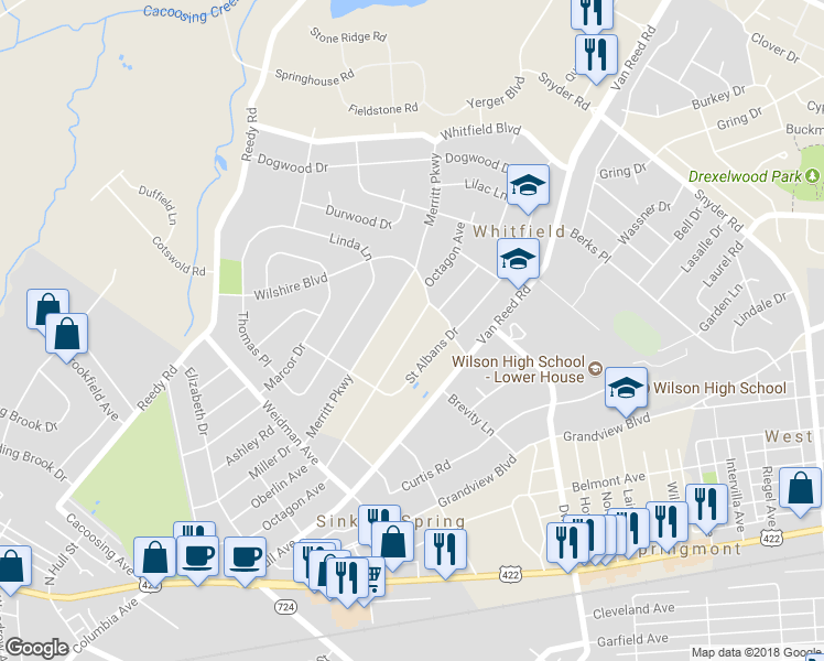 map of restaurants, bars, coffee shops, grocery stores, and more near 3016 Octagon Avenue in Reading