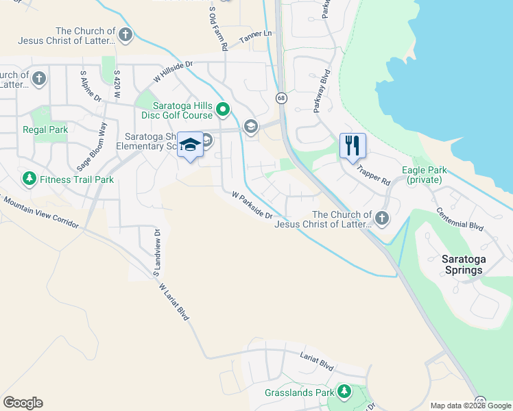 map of restaurants, bars, coffee shops, grocery stores, and more near 144 West Parkside Drive in Saratoga Springs