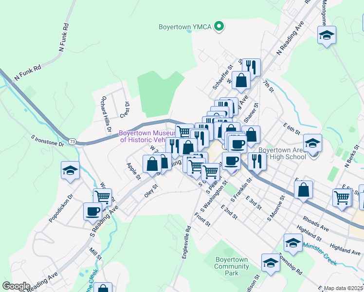 map of restaurants, bars, coffee shops, grocery stores, and more near 103 South Walnut Street in Boyertown
