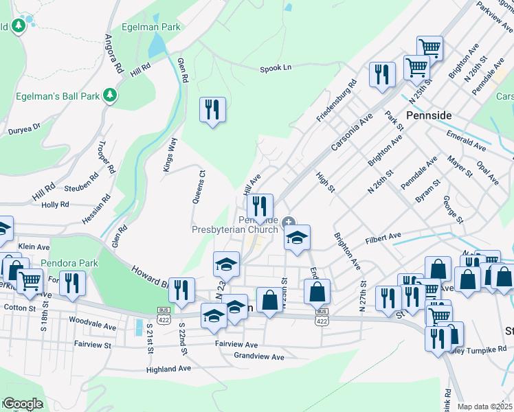 map of restaurants, bars, coffee shops, grocery stores, and more near 315 Friedensburg Road in Mount Penn