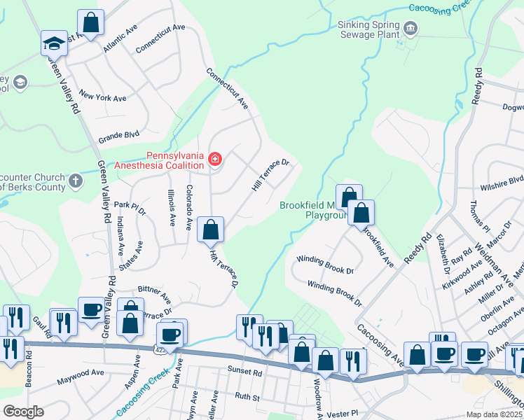 map of restaurants, bars, coffee shops, grocery stores, and more near 319 Kentucky Avenue in Sinking Spring