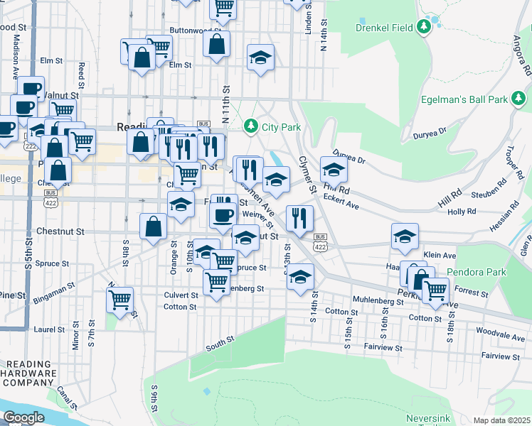 map of restaurants, bars, coffee shops, grocery stores, and more near 1200 Hill Road in Reading