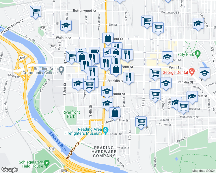 map of restaurants, bars, coffee shops, grocery stores, and more near 522 Franklin Street in Reading
