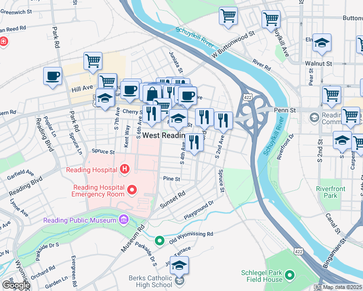 map of restaurants, bars, coffee shops, grocery stores, and more near 418 Chestnut Street in West Reading