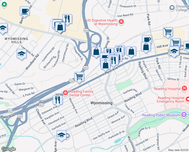 map of restaurants, bars, coffee shops, grocery stores, and more near 1245 Penn Avenue in Wyomissing